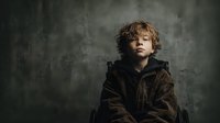 Young homeless boy with curly hair in oversized jacket against grunge wall background. Social issues, poverty, childhood vulnerability concept for awareness campaigns.