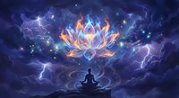 Person meditating under giant glowing lotus flower in stormy sky with lightning and stars. Spiritual awakening and enlightenment concept for wellness designs.