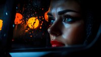 Young woman with bright red lipstick and blue eyes looking through car window at night with bokeh lights and raindrops creating atmospheric moody portrait.