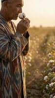 Senior Middle Eastern farmer in traditional robe examining cotton quality in field during golden hour sunset light for agricultural inspection and harvest evaluation.