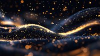 Magical glowing golden and blue waves with sparkling particles and bokeh lights on dark background create dreamy atmospheric effect. Perfect for festive designs.
