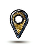 Sketched location pin marker in yellow and blue with black outline on white isolated background, hand-drawn style with shadow effect for maps and navigation design.