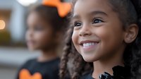 Happy African American girl with curly hair smiling joyfully during Halloween celebration with friends in background for family holiday content.