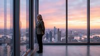 Professional businesswoman standing by floor-to-ceiling windows overlooking city skyline at sunset, contemplating future opportunities in modern office.