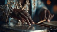 Fortune teller woman with ornate jewelry reading tarot cards in mystical candlelit setting. Spiritual guidance, divination and esoteric practices concept.