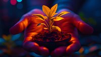 Hands gently protecting young plant seedling with glowing orange and blue light effects. Growth, care, environmental protection concept for business presentations.