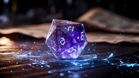 Glowing purple twenty-sided dice on wet reflective surface with magical sparkles and light effects, dramatic lighting creates mystical gaming atmosphere.