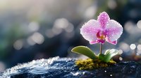 Pink orchid flower blooming from moss-covered rock with soft bokeh background, symbolizing resilience and natural beauty in challenging environments.