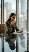 Focused businesswoman in suit reviewing documents at modern office desk with city skyline view through large windows during daytime work session.