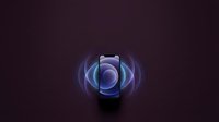 Smartphone with glowing blue sound waves radiating from speaker, isolated on dark background for technology and audio communication design projects.