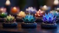 Glowing crystal lotus flowers in green, turquoise and blue colors on decorative stone bases with soft bokeh background create magical atmosphere.