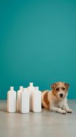 Adorable small mixed breed dog sitting next to white pet care product bottles on gray floor against turquoise wall for grooming and hygiene concepts.