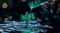 Glowing green digital figures emerge from liquid splash against dark background with bokeh lights, creating futuristic technology concept visualization for AI and digital transformation.