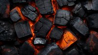 Burning charcoal embers glowing with intense orange heat between black chunks of coal, creating dramatic contrast in dark background for cooking or heating concept.