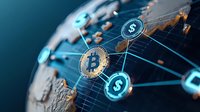 Cryptocurrency network visualization with golden bitcoin and dollar symbols connected by glowing lines on world map background in blue tones.