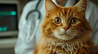 Ginger cat with bright green eyes and fluffy fur at veterinary clinic. Close up portrait of domestic feline patient during medical examination.