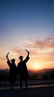 Silhouettes of two graduates in caps and gowns celebrating with diplomas raised against golden sunset sky and cityscape, representing academic achievement and educational success.