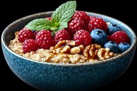Healthy breakfast bowl with oatmeal, fresh raspberries, blueberries, walnuts and mint leaves on black background, macro food photography.