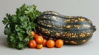 Fresh acorn squash with bright orange cherry tomatoes and green parsley bunch on light background, seasonal harvest composition for cooking and decoration.