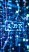 Digital clock display showing time 10:09:35 floating in futuristic cyber space with glowing blue circuit patterns and data streams for tech presentations.