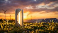 Battery glowing with golden light in grass field at sunset with wind turbines in background, representing renewable energy and sustainable power technology.