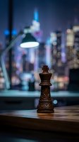 Brown wooden chess queen piece on desk with desk lamp and blurred city skyline at night, representing strategy, business planning, leadership and corporate success.