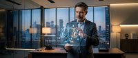 Professional businessman interacting with holographic digital interface displaying data analytics in modern office with city skyline view at dusk.