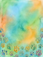 Watercolor gradient background with colorful paw prints in blue, yellow, orange and purple tones, suitable for pet-related designs, greeting cards and animal-themed projects.