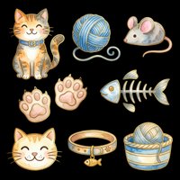 Cute watercolor cat clipart set with kitten, paw prints, fish bone, yarn, mouse, collar, isolated on transparent background, for stickers, t-shirt design, print on demand.