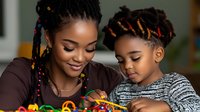 African American mother and daughter enjoying creative playtime with colorful modeling clay, sharing precious bonding moments while crafting together at home.