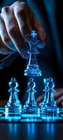 Glowing blue chess pieces with king piece held above pawns on dark background, dramatic lighting creates mystical atmosphere for strategy and leadership concepts.