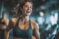 Joyful athletic woman with toned physique laughing during workout in modern gym with bokeh background lighting. Fitness lifestyle concept.