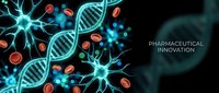 DNA double helix with neurons and red blood cells on dark background for medical research and pharmaceutical innovation concepts.
