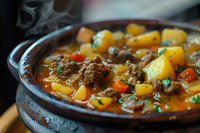 Hot homemade beef stew with tender meat, potatoes and carrots in rich broth garnished with fresh herbs, served in rustic ceramic pot, steam rising. Perfect comfort food photography.