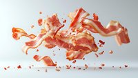 Flying crispy bacon strips with scattered pieces floating in air against light background, dynamic food photography capturing motion and texture of fried meat.