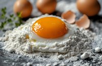 Fresh raw egg yolk on flour with whole eggs and shells in background, ready for homemade pasta or baking preparation.