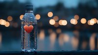 Clear water bottle with red heart sticker against blurred bokeh lights background at dusk, creating romantic mood with water droplets on bottle surface.