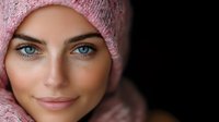 Young Caucasian woman with bright blue eyes wearing pink knitted winter hat and scarf smiling at camera against dark background, natural makeup and glowing skin.