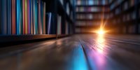 Blurred library interior with colorful light reflections on wooden floor and bookshelves in background, creating mystical atmosphere with sunburst effect.
