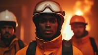 African American firefighter in protective gear with flames in background during emergency response operation. Colleagues visible in dramatic lighting.