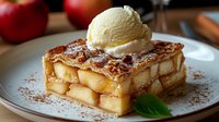 Warm apple strudel slice with vanilla ice cream scoop on white plate, garnished with mint leaf and cinnamon powder, fresh apples in background.