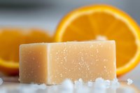 Fresh orange soap bar with water drops and citrus fruit slices on white surface, natural organic skincare product for spa and wellness treatments.