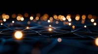 Glowing network connections with warm bokeh lights on dark background create futuristic technology concept with illuminated nodes and digital links.