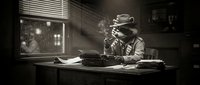 Vintage journalist or writer at desk with typewriter, papers, and lamp in noir-style black and white setting. Suitable for editorial, publishing, and retro media projects.