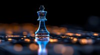 Glowing blue glass chess king piece on dark board with dramatic lighting and bokeh effect, strategic leadership concept for business presentations.