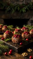 Festive chocolate brownies topped with fresh cranberries and rosemary on rustic wooden board with holiday decorations for seasonal baking and dessert recipes.