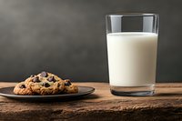 Fresh chocolate chip cookies on dark plate beside glass of milk on rustic wooden table against moody dark background, classic comfort food styling.