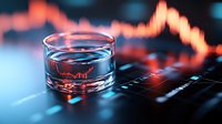 Glass of water on laptop keyboard with financial stock market chart graph in background, representing business risk and crisis management.