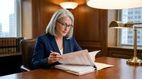 Professional mature Caucasian businesswoman with glasses reviewing documents in elegant office setting with warm lighting and city view.