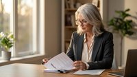 Senior businesswoman with gray hair and glasses reviewing documents at office desk in bright modern workspace with plants and natural lighting.